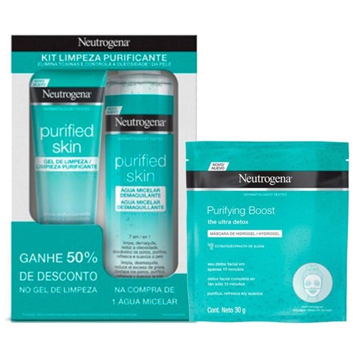 Kit Solução Micelar Neutrogena Purified Skin 7 em 1 200ml + 50% Off Gel 80g + Máscara de Hidrog