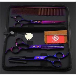 Kit 3 Tesouras e Pente Banho Tosa Pet Shop Multicolor Dragon Purple Roxo
