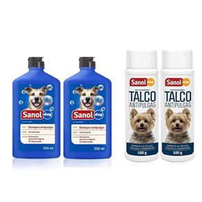 Kit Tratamento Anti Pulga para Cachorro: 2 Shampoos Anti Pulgas e 2 Talcos Anti Pulgas para o Animal e Ambiente Sanol