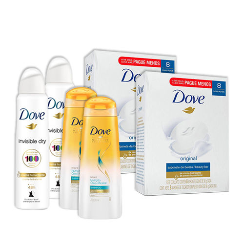 Kit 2un Dove Invisible Dry 150ml + 2 Pacotes 8un Sabonete Dove + 2un Shampoo Dove Eleo Micelar 200ml