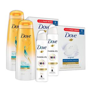 Kit 2UN Dove Invisible Dry 150ml + 2 Pacotes 8UN Sabonete Dove + 2UN Shampoo Dove Óleo Micelar 400ml
