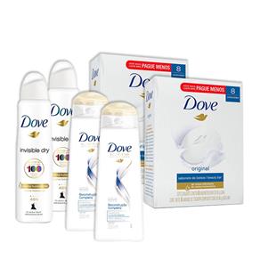 Kit 2UN Dove Invisible Dry 150ml + 2 Pacotes 8UN Sabonete Dove + 2UN Shampoo Dove Reconstrução 200ml