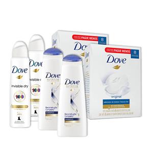 Kit 2UN Dove Invisible Dry 150ml + 2 Pacotes 8UN Sabonete Dove + 2UN Shampoo Dove Reconstrução 400ml