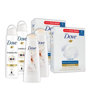 Kit 2UN Dove Invisible Dry 150ml + 2 Pacotes 8UN Sabonete Dove + 2UN Shampoo Dove Ultra Cachos 200ml