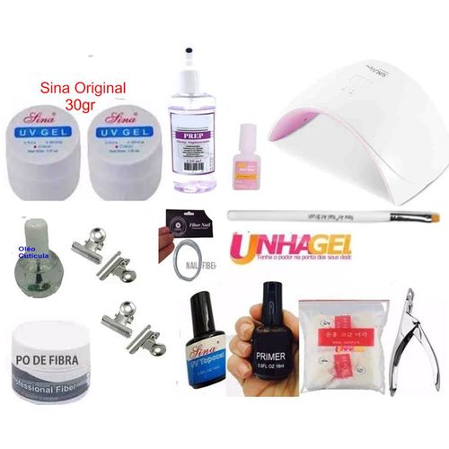 Kit Unhas Gel Sina Original 30gr + Fibra Tips Sun Cabine Bivolt + Bactericida Spray Higienizador +
