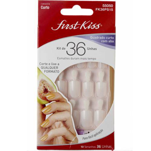 Kit Unhas Postiças First Kiss Quadrado com Cola Aba Curto