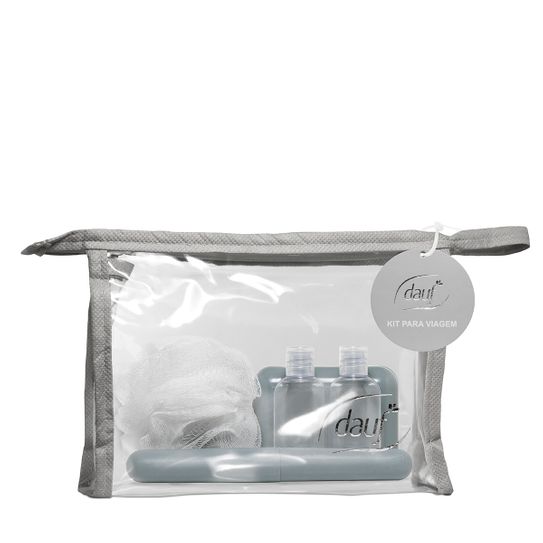 Kit Viagem Dauf Cinza com Porta Escova+porta Sabonete+bucha+recipiente para Shampoo+recipiente para Condicionador