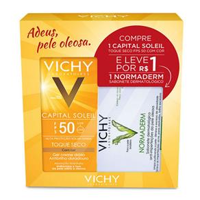 Kit Vichy Protetor Solar Capital Solei Toque Seco com Cor FPS 50 + Sabonete Normaderm 80g