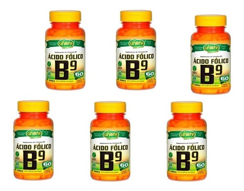 Kit Vitamina B9 Ácido Fólico 6 X 60 Cáps 500Mg Unilife (Sem Sabor)