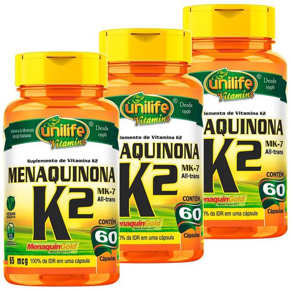 Kit 3 Vitamina K2 MK7 Menaquinona 60 Cápsulas (180 Cápsulas) Unilife Vitamins