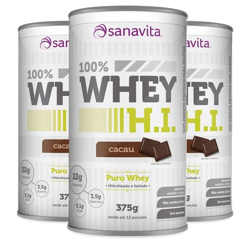 Kit 3 Whey Protein 100% H.I - Sanavita - Cacau 375g