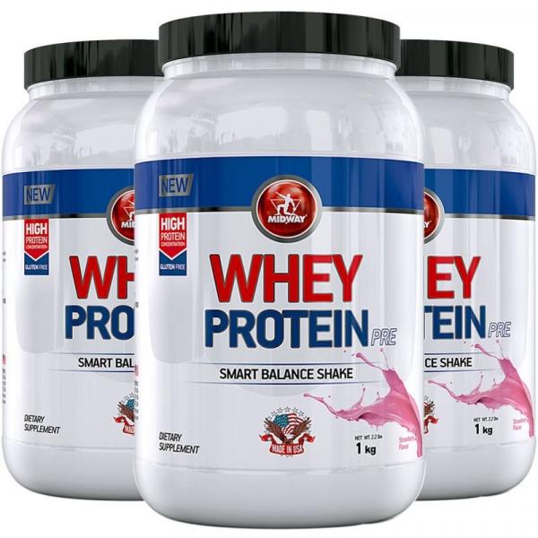 Kit 3 Whey Protein Pre Midway 1kg Morango