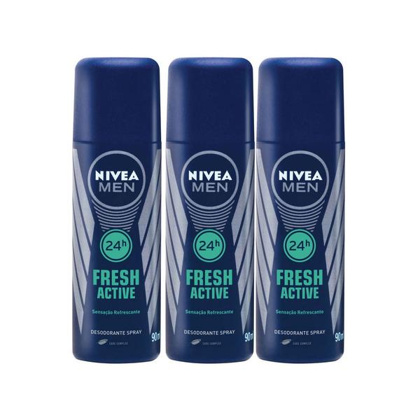 Kit 3x90mL Nívea For Men Fresh Active Desodorantes Spray - Nivea