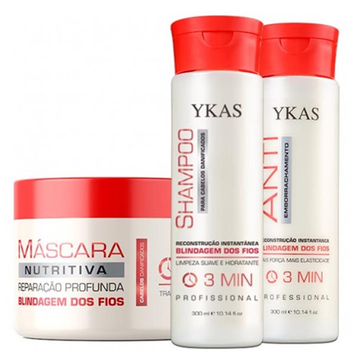 Kit Ykas 3 Minutos Shampoo e Máscara Reconstrução 300Ml + Máscara Nutritiva 500G