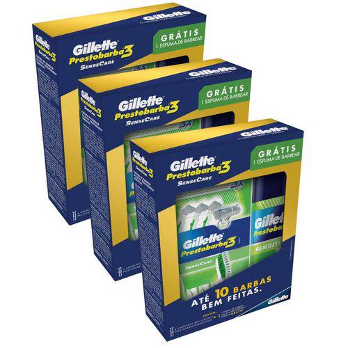 3 Kits Gillette Prestobarba 3 SenseCare: Aparelho de Barbear 12 Unidades + 3 Espumas de Barbear