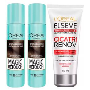 L`Oréal Paris Magic Retouch + Ganhe Cicatri Renov - Leave-In + 2 Corretivos Capilar Castanho Escuro Kit