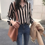 Lady Autumn manga comprida Blusa Stripe Combinada Cor lapela Sobre o tamanho base solta shirt