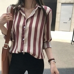 Lady Autumn manga comprida Blusa Stripe Combinada Cor lapela Durante Tamanho shirt fraco Base de Dados