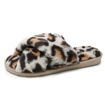 Lady Warm Soft Plush Slippers Leopard Cross Peep-toe Winter Indoor Home Flat Shoes