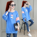 Lady Loose Middle Long Sweatshirt Crew Neck Combined Color Autumn Casual Pullover