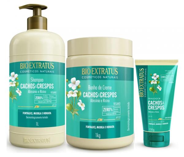 Lançamento Kit Cachos Crespos Shampoo 1 Litro + Máscara 1 Kg + Finalizador 150g - Bio Extratus