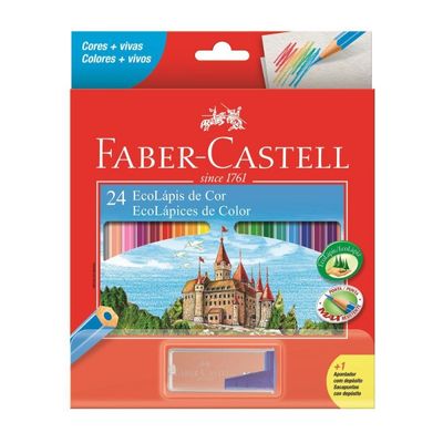 Lápis de Cor Sextavado Estojo com 24 Cores Mais Apontador Faber Castell