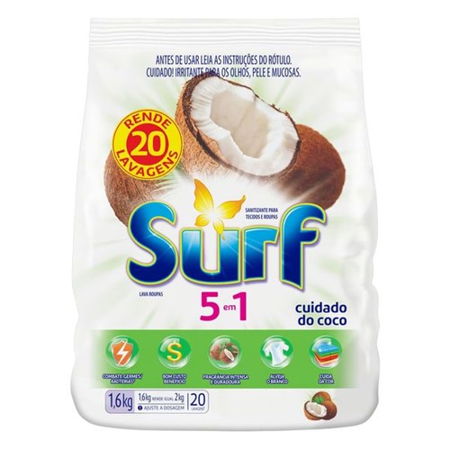 Lava Roupa Pó Sanitizante Surf 1,6kg Sachê Cuidado Coco