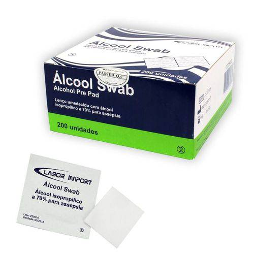 Lenço Umedecido - Álcool Swab Isopropílico 70% em Sachê para Assepsia - Caixa com 200 Unidades