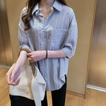 Camisa Loose Women Fina Stripes Impressão manga três quartos shirt