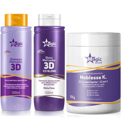 Magic Color - Kit 3D Shampoo + Matizador Ice Blond Efeito Cinza + Noblesse K 800g