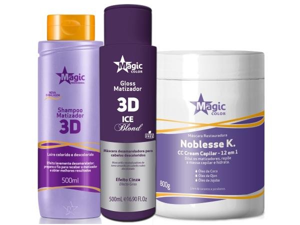 Magic Color - Kit 3D Shampoo + Matizador Ice Blond Efeito Cinza + Noblesse K 800g