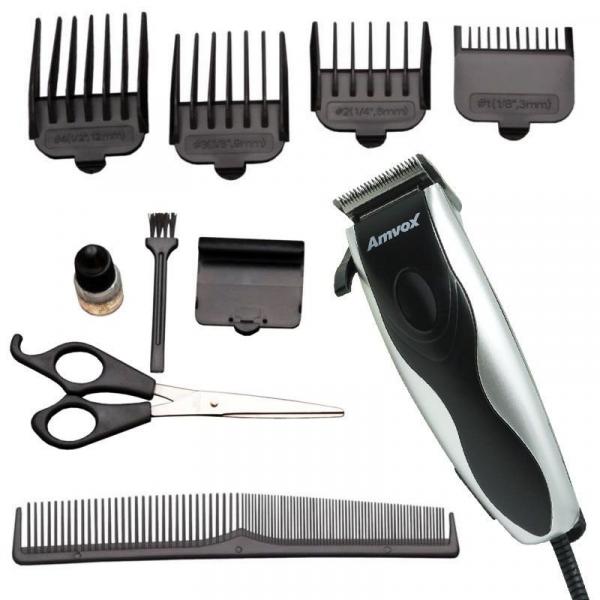 Máquina de Cortar Cabelo Aparar Barba Pezinho Elétrica Amvox AM 760 Prata/Preta