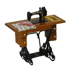 Máquina de costura de casa de bonecas em miniatura do vintage com pano novo na caixa 1/12
