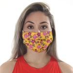 Máscara de Tecido Dupla Camada Lavável Adulto - Amarela com Flores