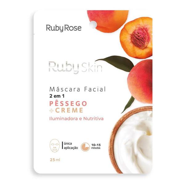 Máscara Facial de Tecido Pêssego e Creme Skin 2 em 1 - Ruby Rose - Ruby Skin