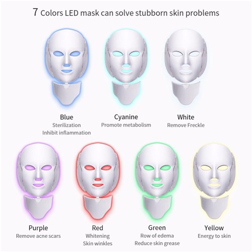 Máscara Facial Rejuvenecedora com 7 Cores de Led. Única Máscara para Tratamento Também no Pescoço.