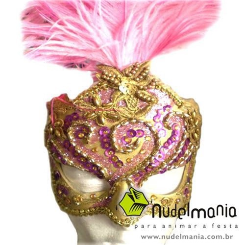 Máscara Gala Especial Realeza - Pedras, Plumas e Adornos - Ouro e Pink
