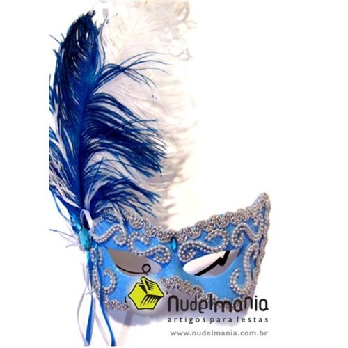 Máscara Gala Imperial - Pedras, Plumas e Adornos - Azul Maravilha com
