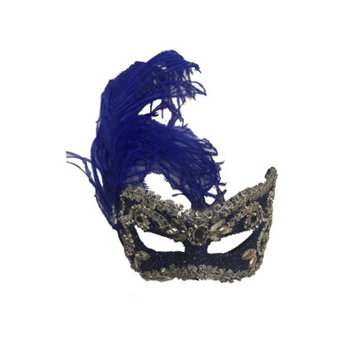 Máscara Gala Imperial - Pedras, Plumas e Adornos - Azul Royal com
