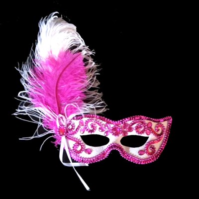 Máscara Gala Imperial - Pedras, Plumas e Adornos - Branca com Pink -