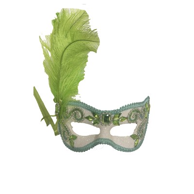 Máscara Gala Imperial - Pedras, Plumas e Adornos - Branca com Verde -