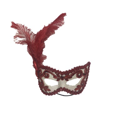 Máscara Gala Imperial - Pedras, Plumas e Adornos - Branca com Vermelho