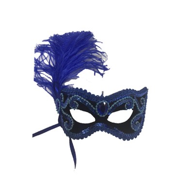 Máscara Gala Imperial - Pedras, Plumas e Adornos - Preta com Azul