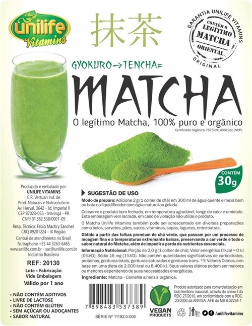 Matcha Puro e Organico Legítimo Sóluvel 3X30G Unilife (Natural)