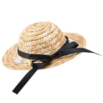Mini Straw Sombrero Party Hat for Small Pets/Puppy/Cat with Silk Ribbon M Size