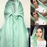 Mint green ombre color long straight women's middle part hair wigs synthetic wigs hairpieces women's long wigs