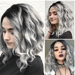 Fashion Silver Ombre Short Bob Wigs Natural Wavy Curly Synthetic Hair Full Wig for Women