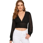 Fashion Large Size Deep V-neck Top for Women Hollow Navel Exposed Puff Sleeve Lace Jacquard Top