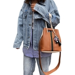 Mulher Bucket Shoulder Bag Handbag High Capacity Color Contrast Pu Couro Cross-corpo Satchel