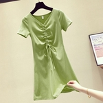 Mulher curto Verão de manga com decote em V Pure Color Comprimento Médio Casual abacate vestido verde com cordão
